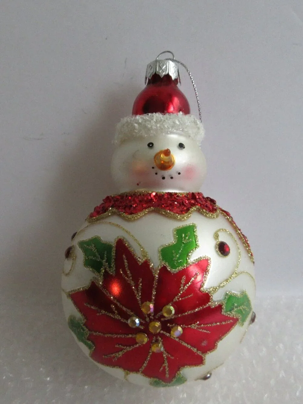 Snowman Glitter Rhinestone Poinsettia Glass Christmas Tree Ornament 5